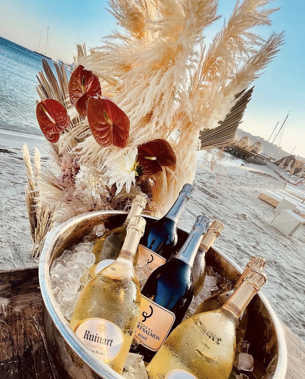 Seaside champagne display with flowers and natural textures