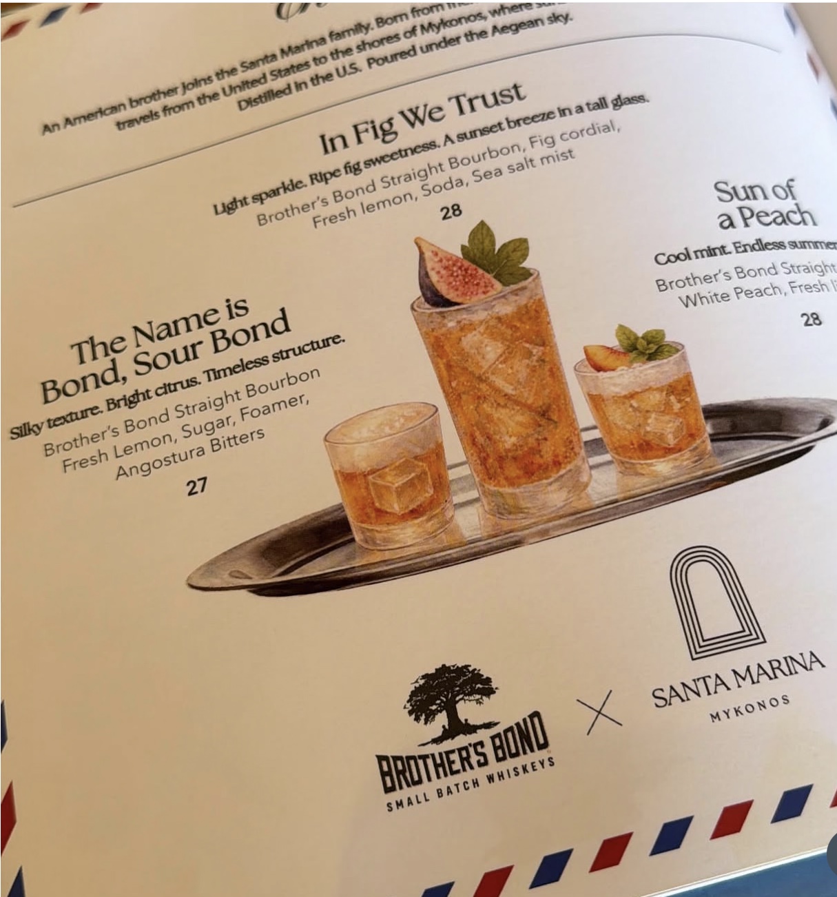 Brother's Bond cocktail menu created with Santa Marina Mykonos