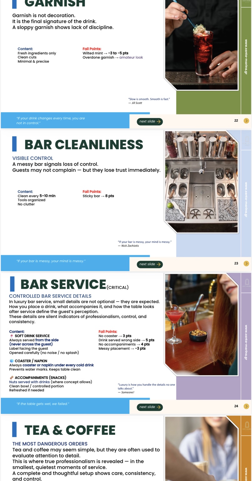 Training framework for garnish, bar cleanliness and service